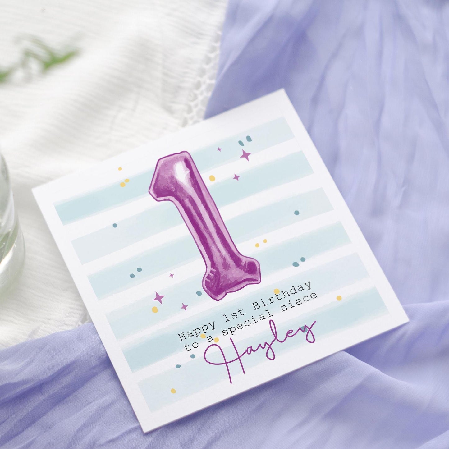 Personalised 1st Birthday Card: Purple Foil Balloon, Daughter, Granddaughter, Niece