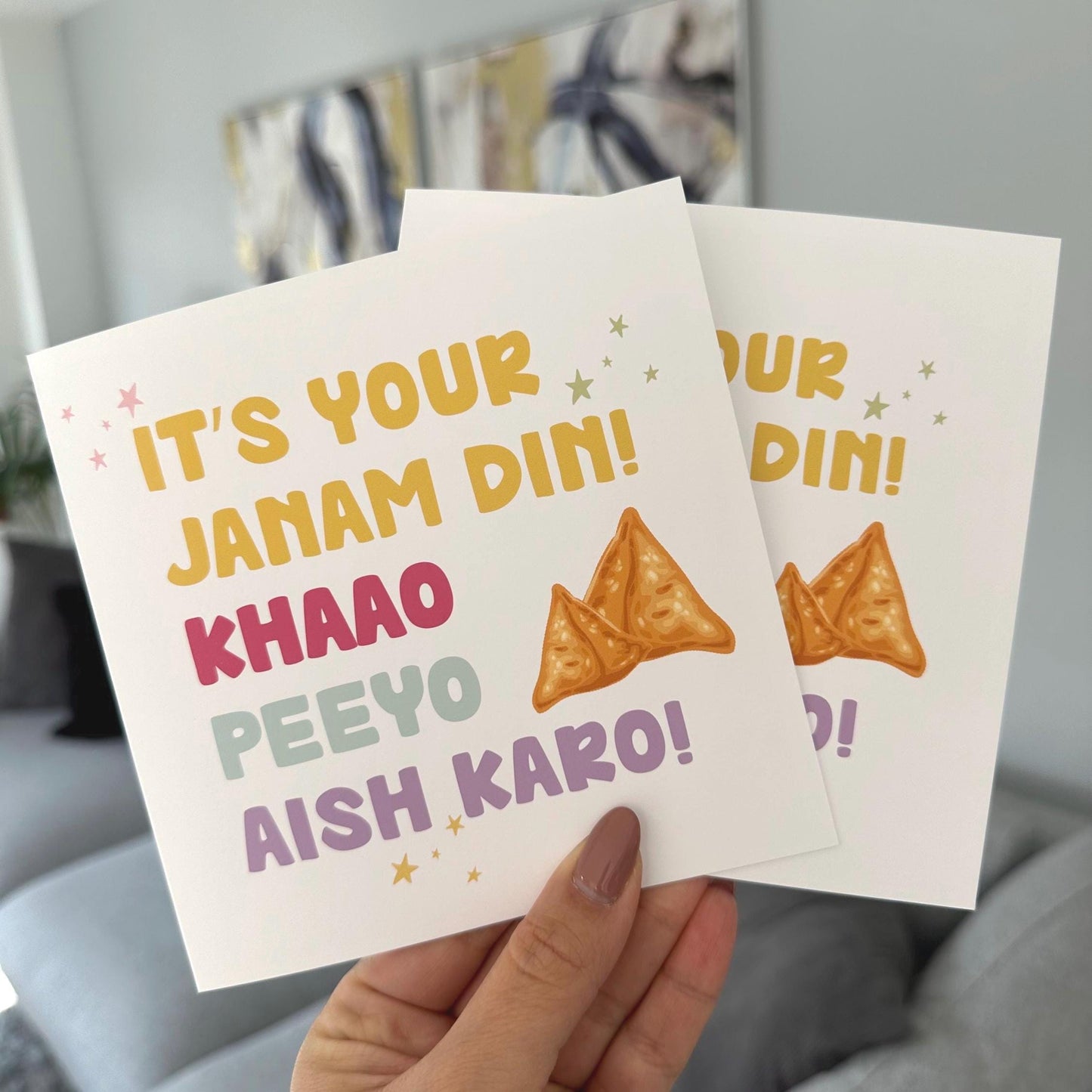 Happy Janam Din Card | Pink Punjabi Samosa, Eat, Drink, Be Merry Birthday Pun Design