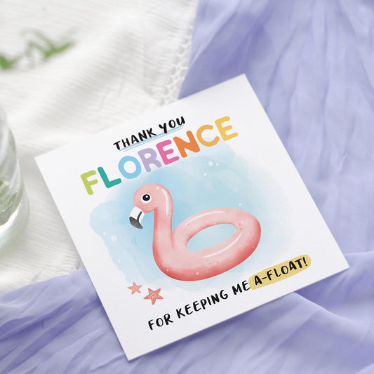 Personalized Swimming Teacher Thank You Card | Flamingo Greetings Card Design