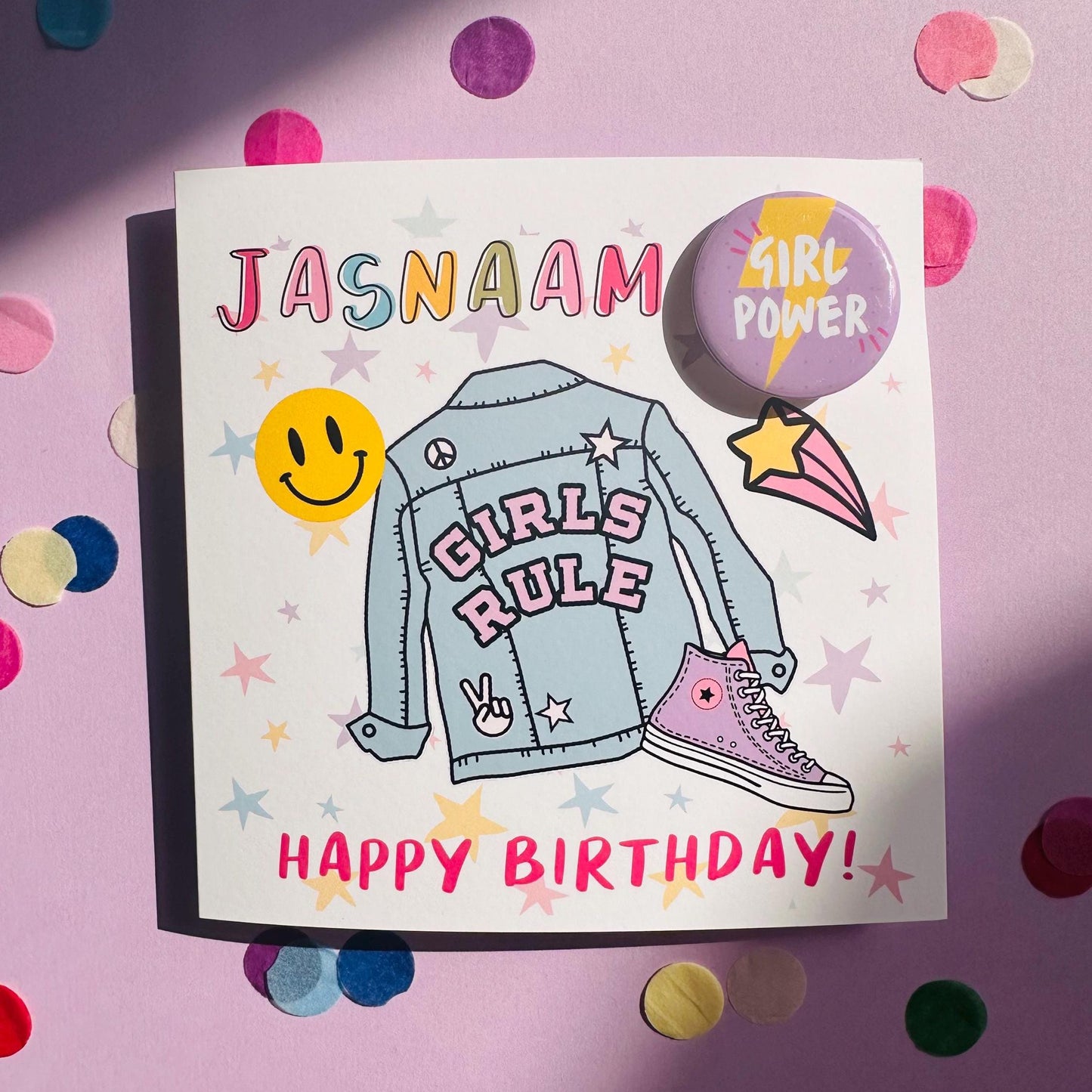 Personalised Denim Jacket Birthday Card: 'Girl Power' Badge, Daughter, Granddaughter, Niece