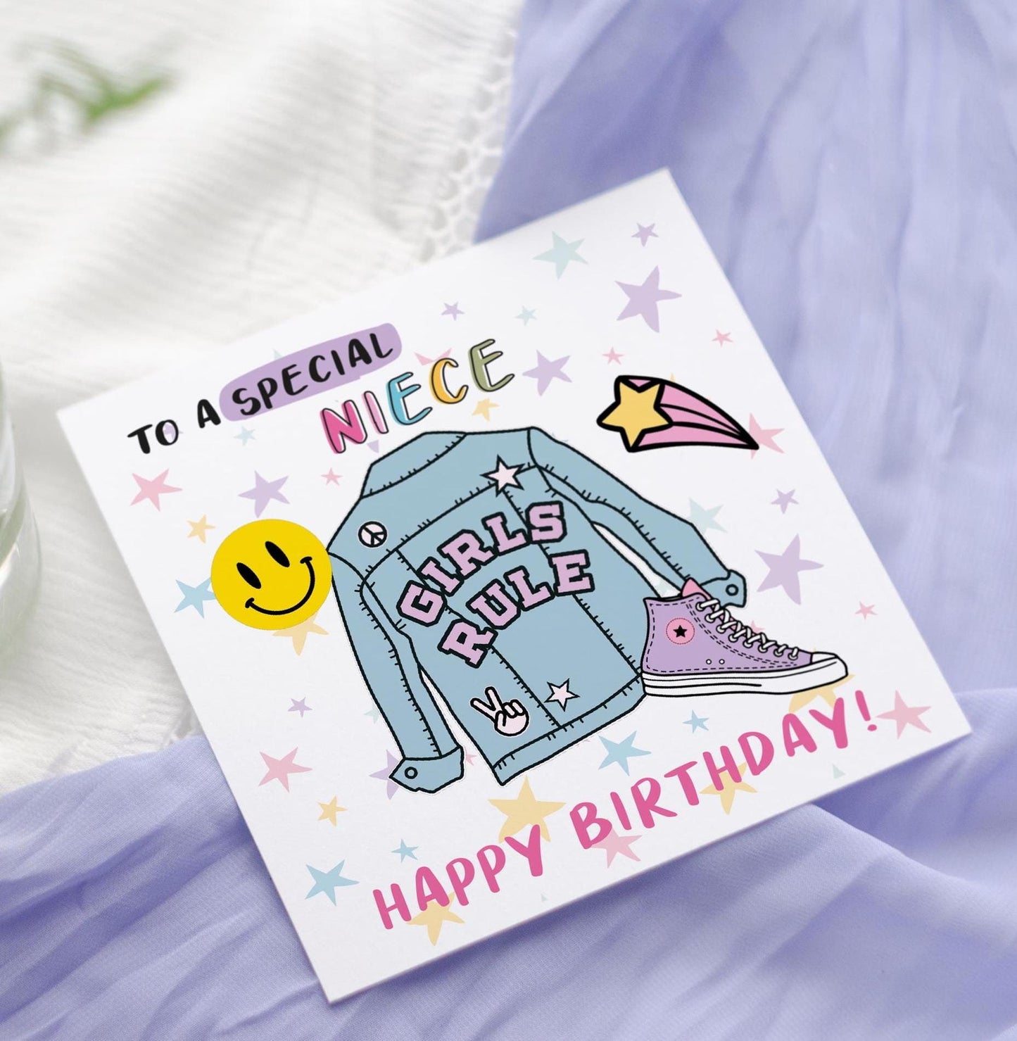 Girls Denim Jacket Birthday Card: Niece, Daughter, Goddaughter, Granddaughter