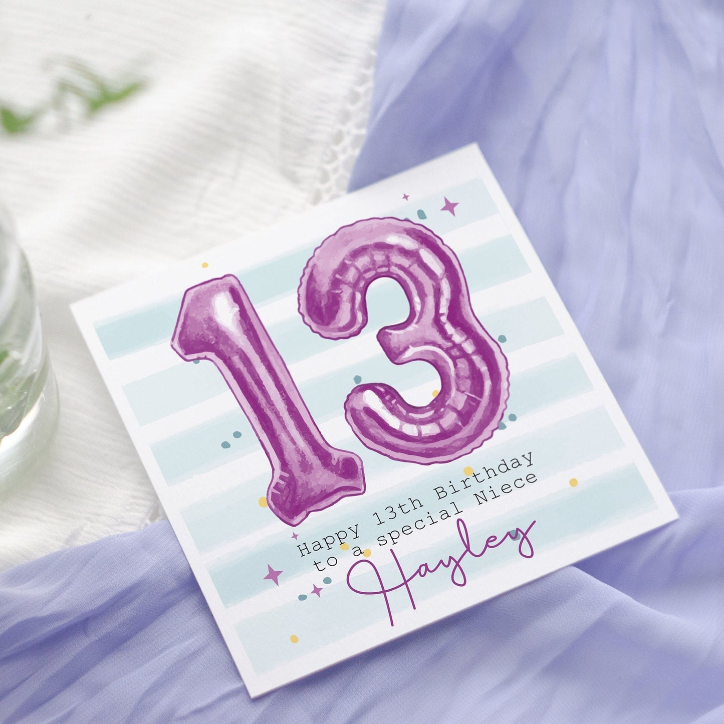 Personalised Purple Foil number Balloon Birthday Card: For Daughter, Niece, Granddaughter, any age, 13th
