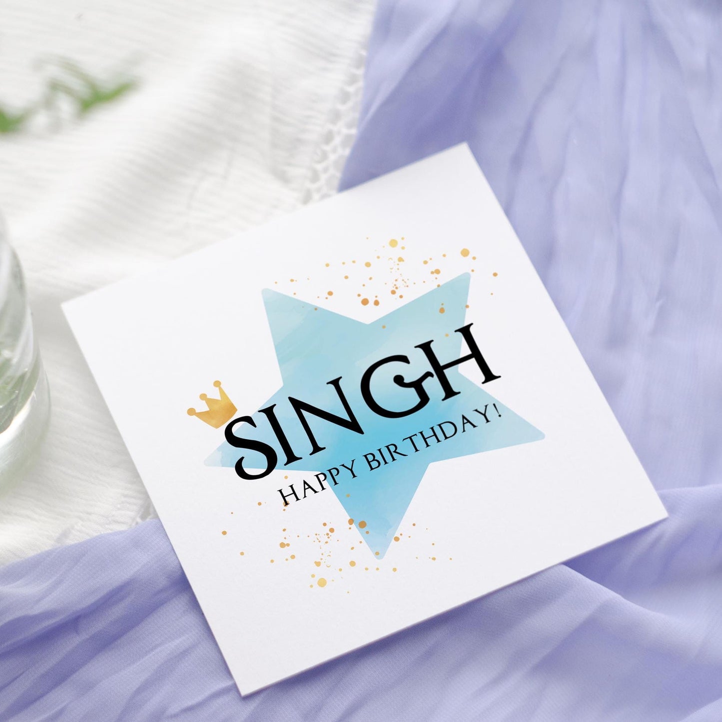 Punjabi Singh Sikh boys Birthday Card: Watercolor Star, Golden Crown