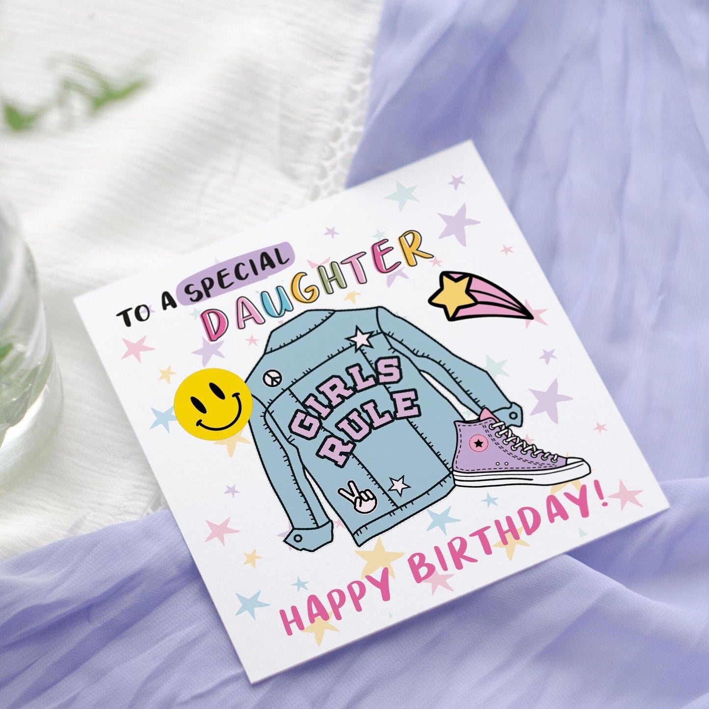 Girls Denim Jacket Birthday Card: Daughter, Niece, Granddaughter, swiftie Birthday