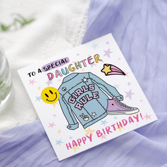 Girls Denim Jacket Birthday Card: Daughter, Niece, Granddaughter, swiftie Birthday