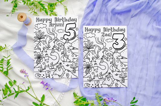 Personalised Dinosaur Birthday Card: Colouring Activity for Kids with maze & Bookmark