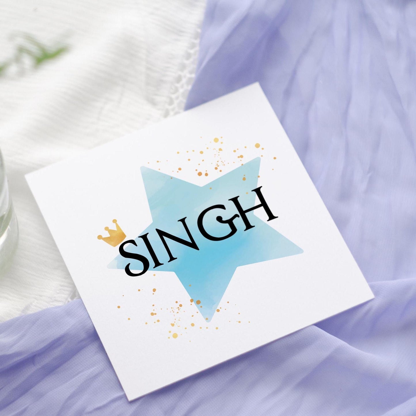 Punjabi Singh Sikh boys Birthday Card: Watercolor Star, Golden Crown