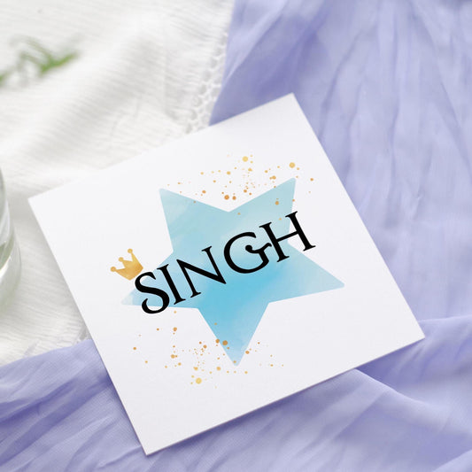 Punjabi Singh Sikh boys Birthday Card: Watercolor Star, Golden Crown