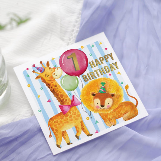Safari Animals 1st Birthday Card | Giraffe Lion Jungle Theme Greetings Card Design