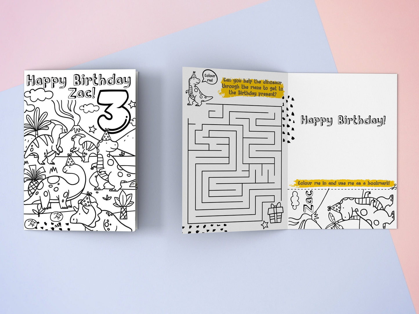 Personalised Dinosaur Birthday Card: Colouring Activity for Kids with maze & Bookmark
