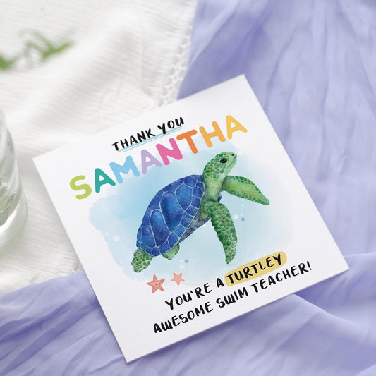 Thank you swimming teacher card, swim teacher, swim instructor, thank you teacher, cute turtle, turtle awesome, personalised thank you card