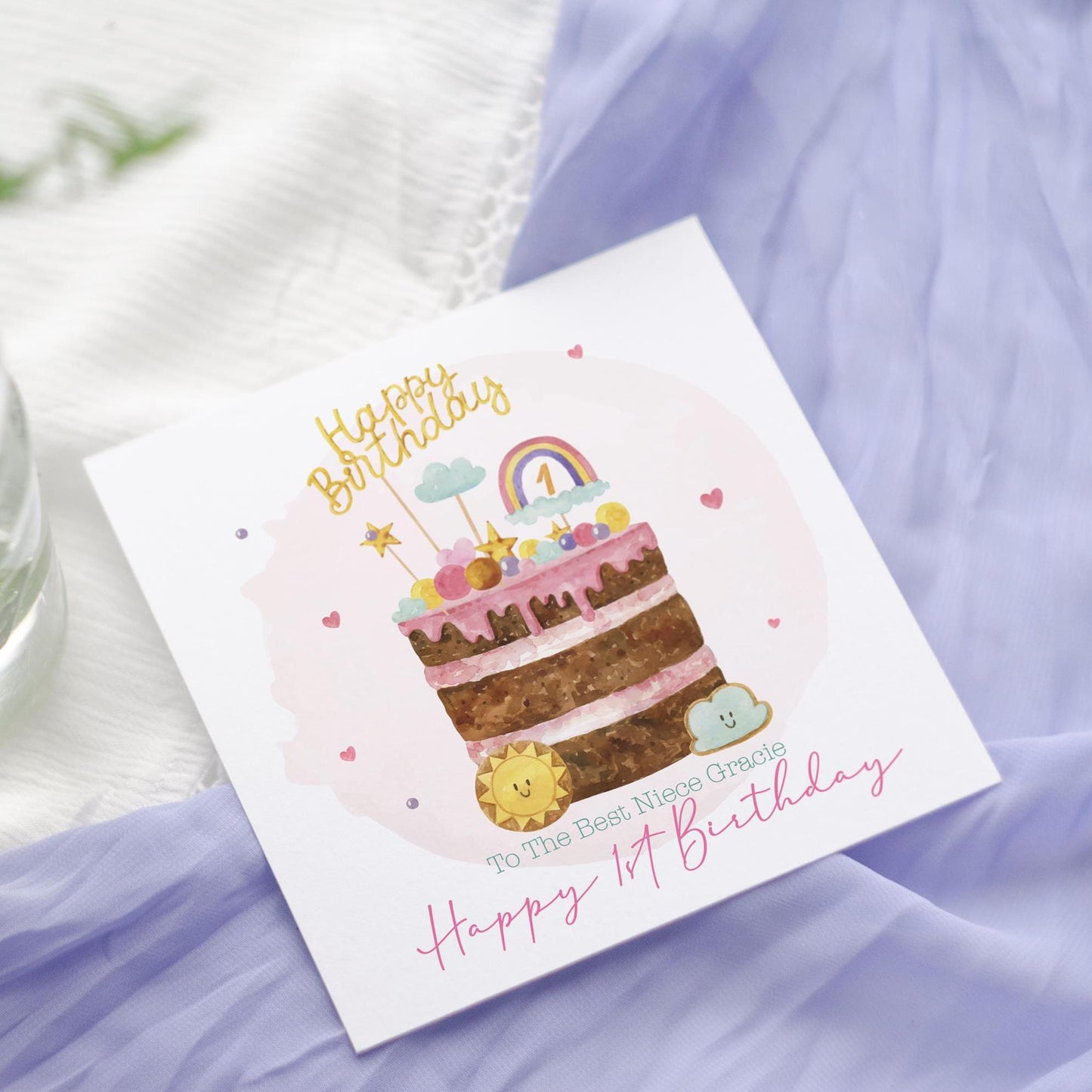 Personalised Girl's 1st Birthday Card: Pastel Cake, milestone