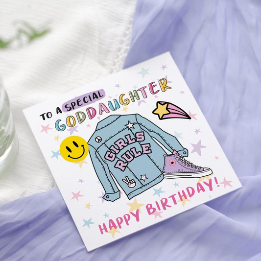 Girls Denim Jacket Birthday Card: Niece, Daughter, Goddaughter, Granddaughter