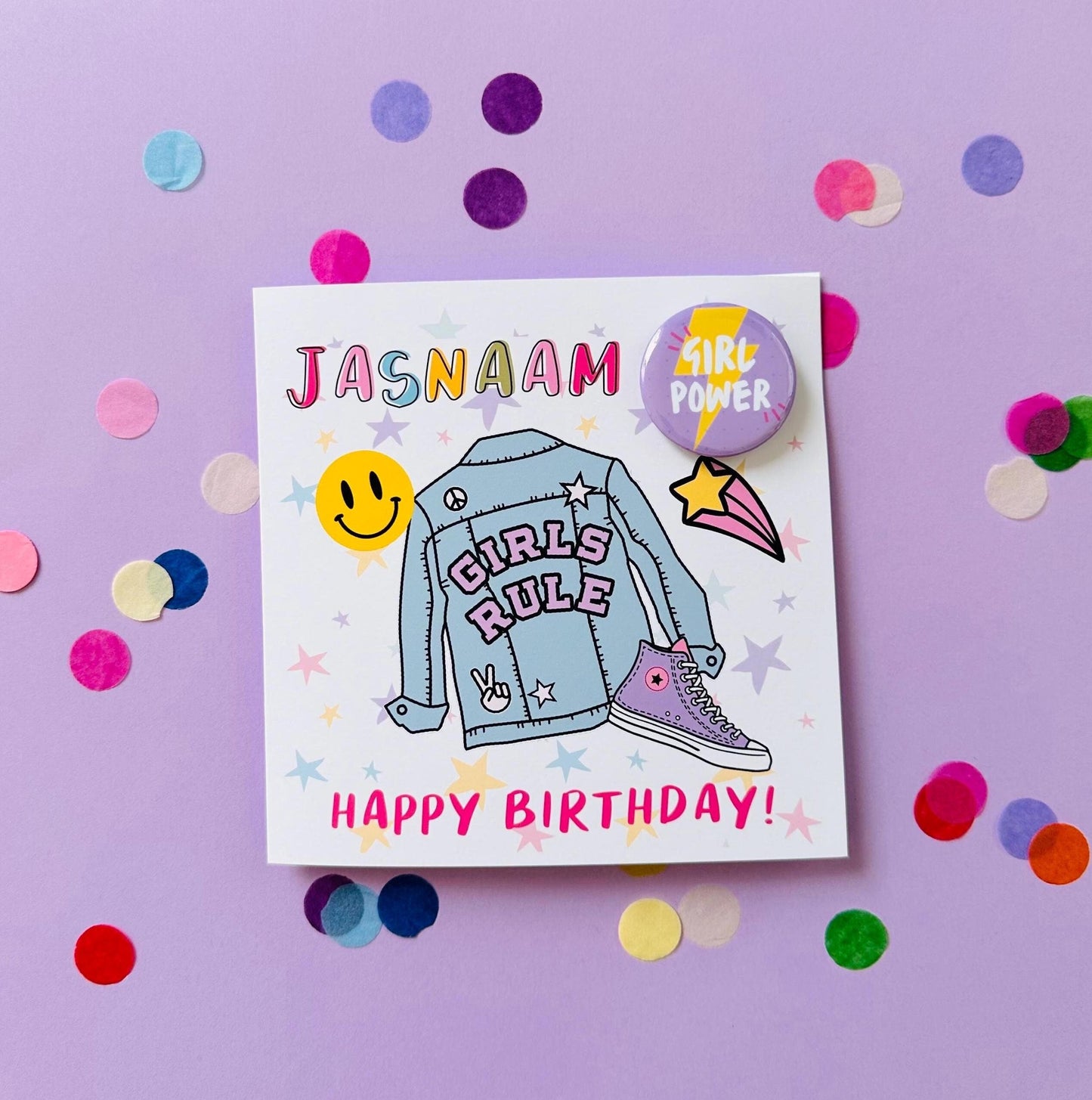 Personalised Denim Jacket Birthday Card: 'Girl Power' Badge, Daughter, Granddaughter, Niece