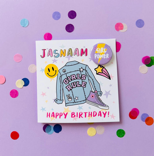 Personalised Denim Jacket Birthday Card: 'Girl Power' Badge, Daughter, Granddaughter, Niece
