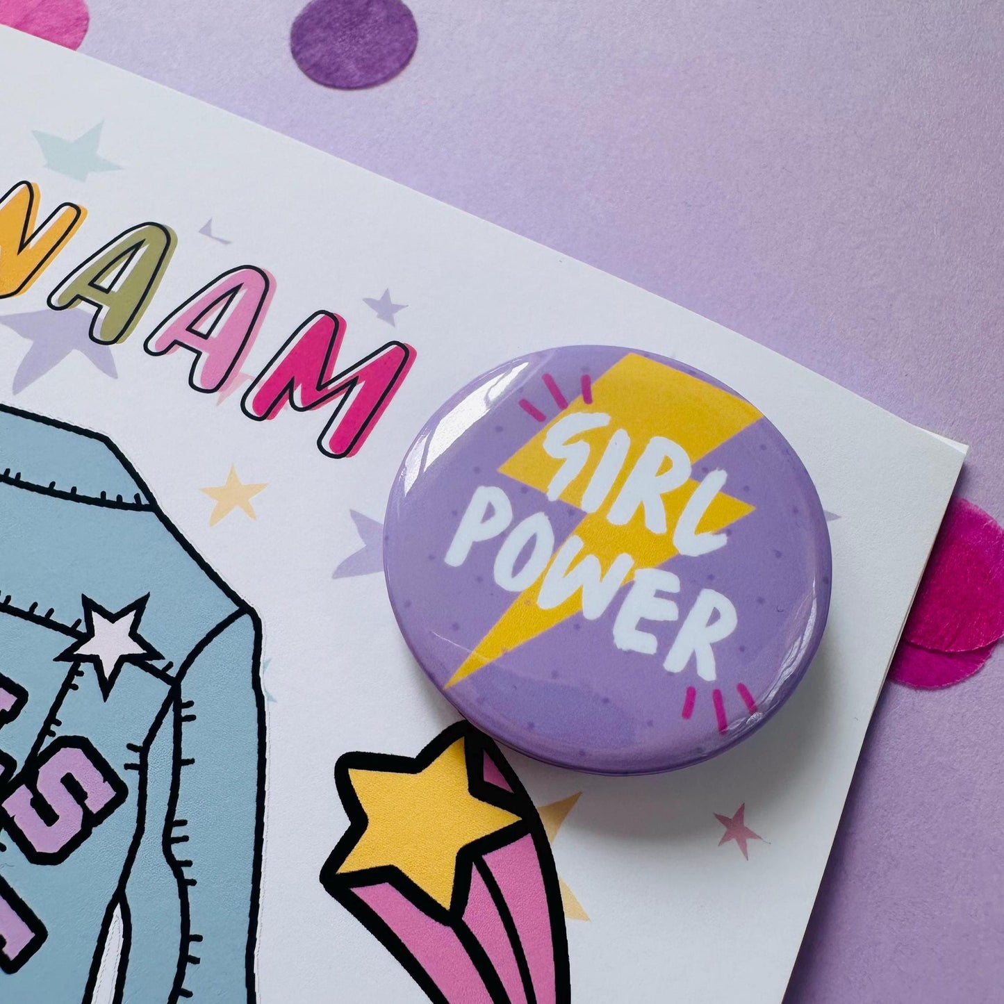 Personalised Denim Jacket Birthday Card: 'Girl Power' Badge, Daughter, Granddaughter, Niece