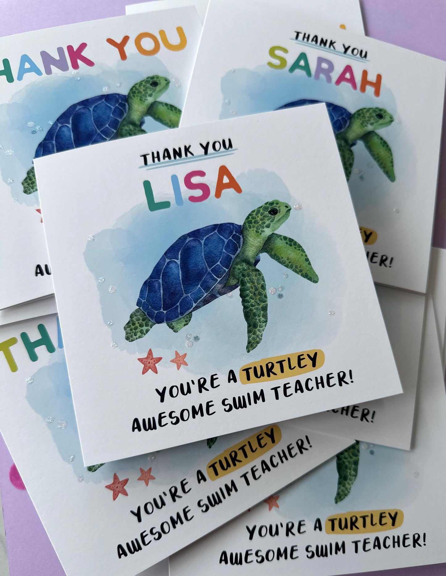 Thank you swimming teacher card, swim teacher, swim instructor, thank you teacher, cute turtle, turtle awesome, personalised thank you card