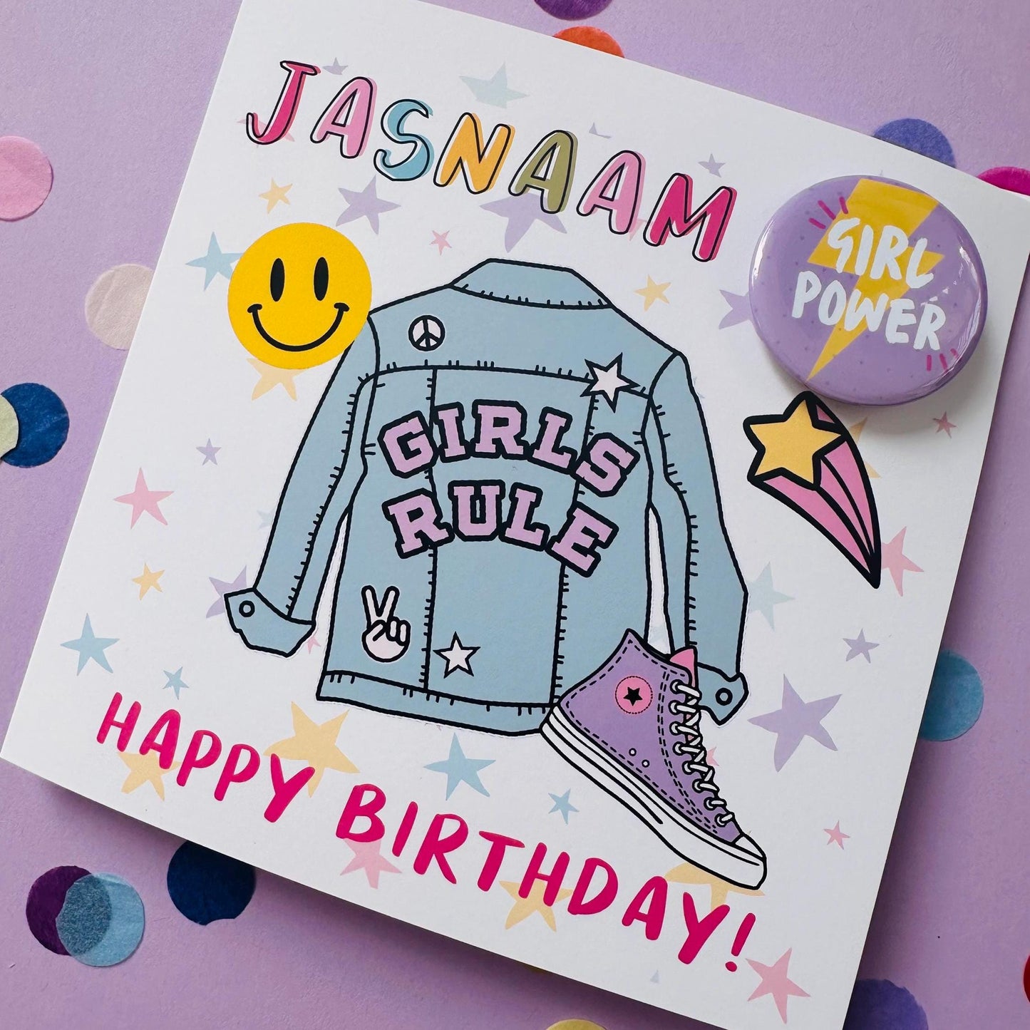 Personalised Denim Jacket Birthday Card: 'Girl Power' Badge, Daughter, Granddaughter, Niece
