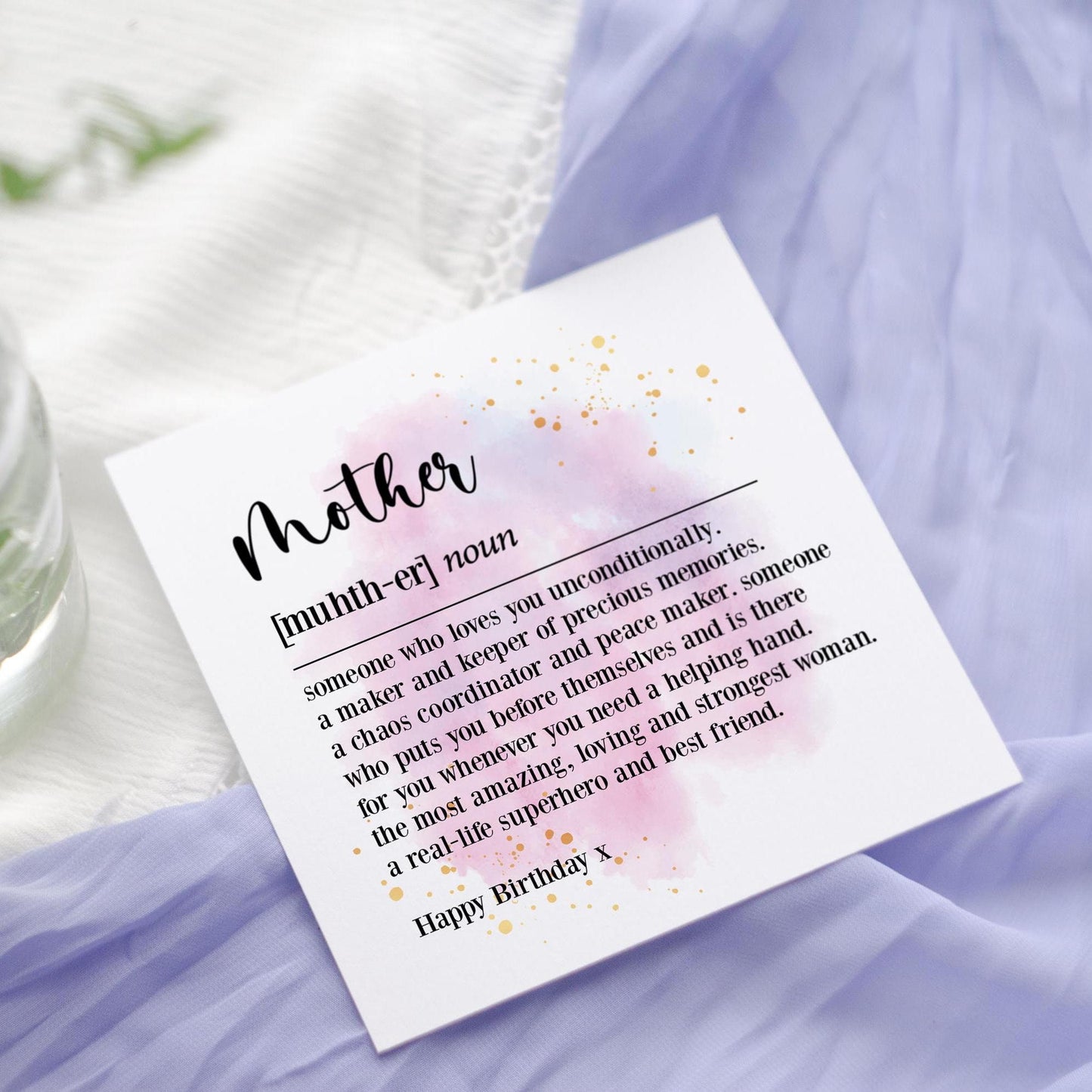 Mother Definition Birthday Card: Watercolour Dictionary Style Mum Poem keepsake card