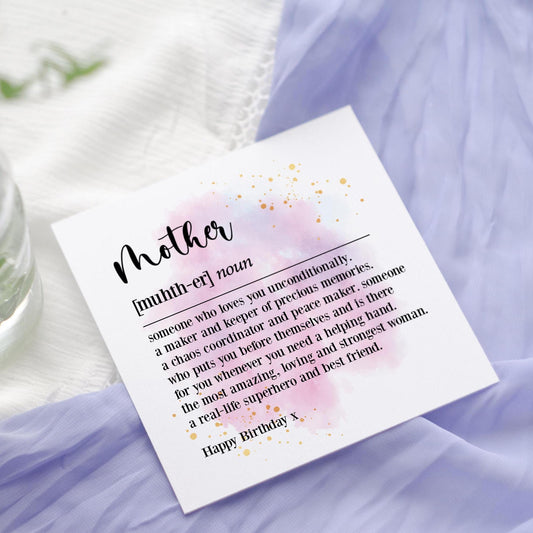 Mother Definition Birthday Card: Watercolour Dictionary Style Mum Poem keepsake card