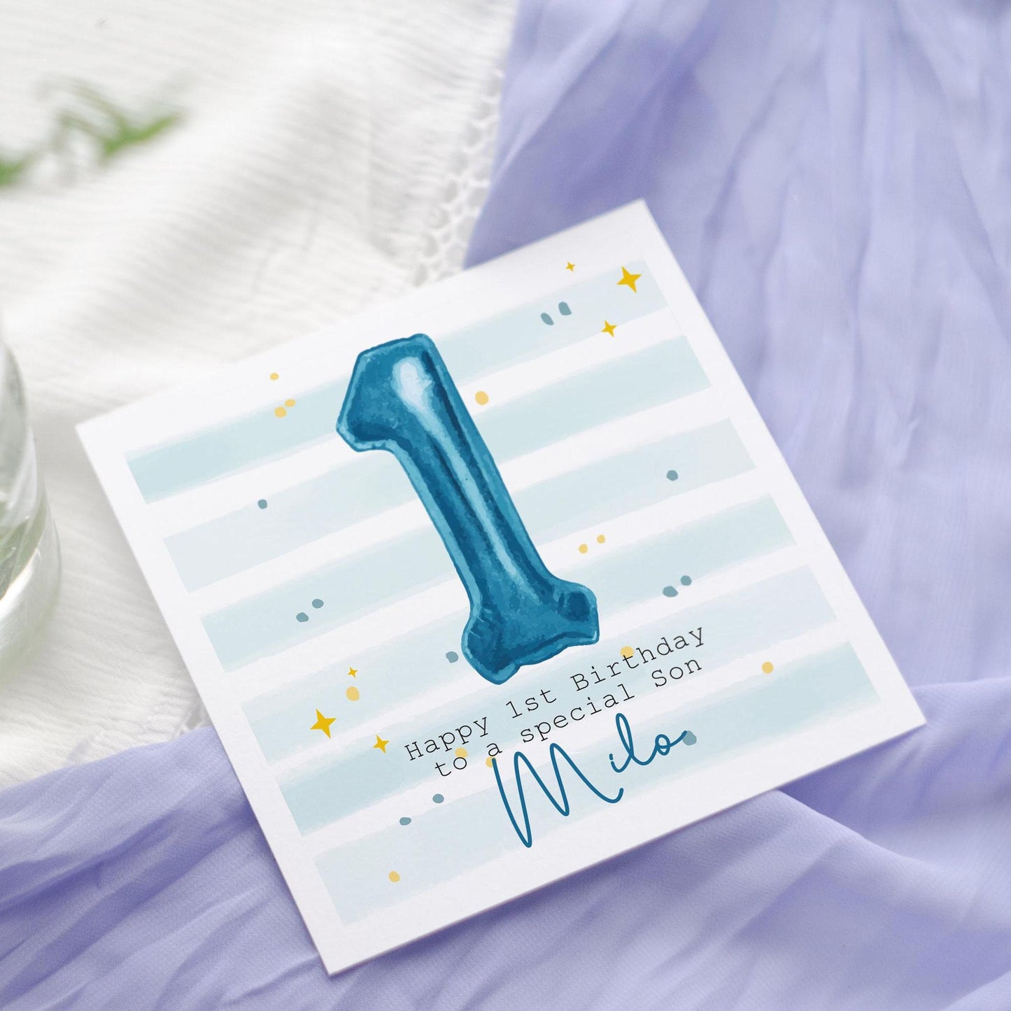 Personalised 1st Birthday Card: Blue Foil number Balloons, Son, Grandson, Nephew, any age