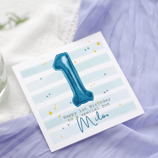 Personalised 1st Birthday Card: Blue Foil number Balloons, Son, Grandson, Nephew, any age