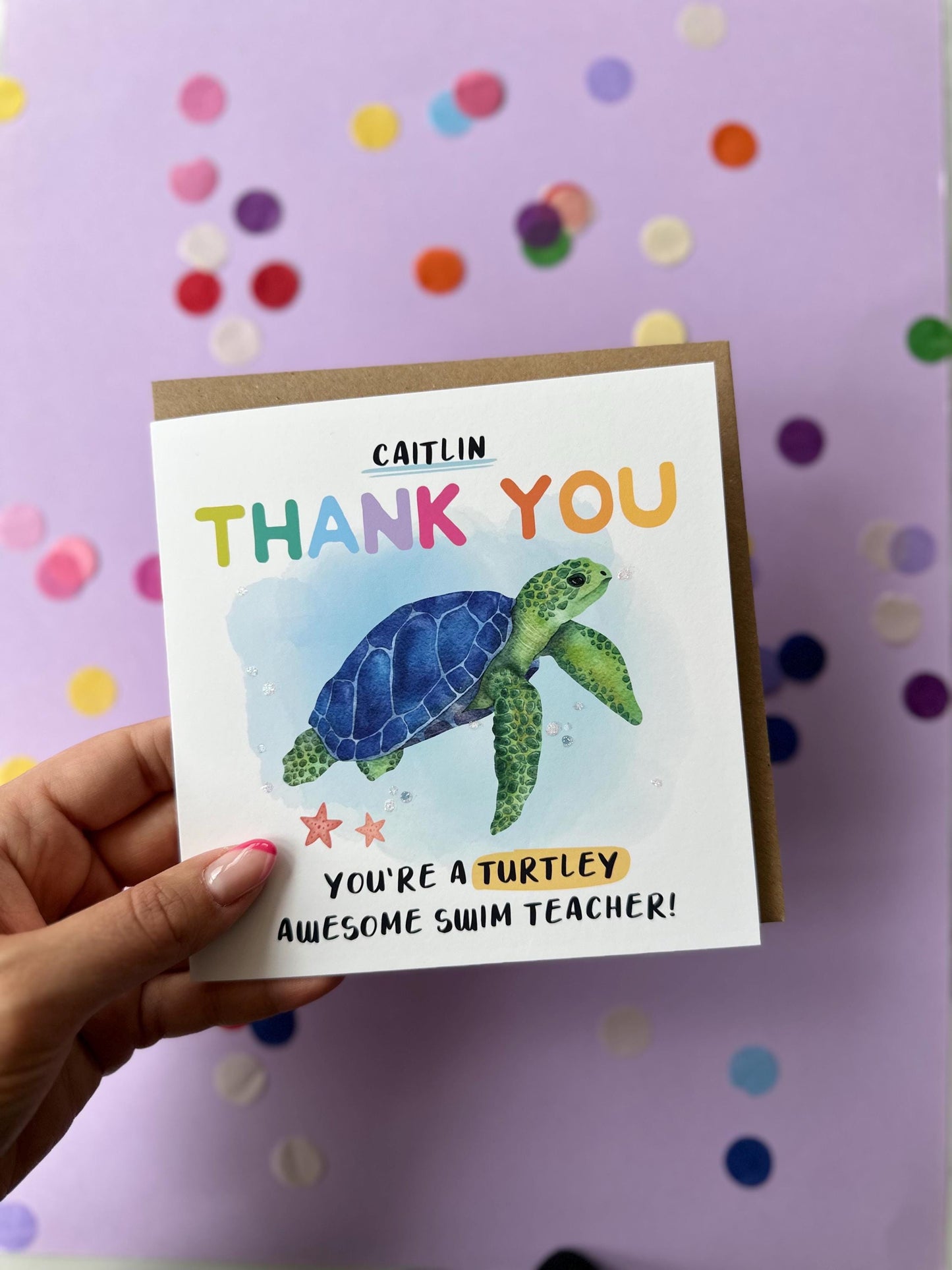 Thank you swimming teacher card, swim teacher, swim instructor, thank you teacher, cute turtle, turtle awesome, personalised thank you card