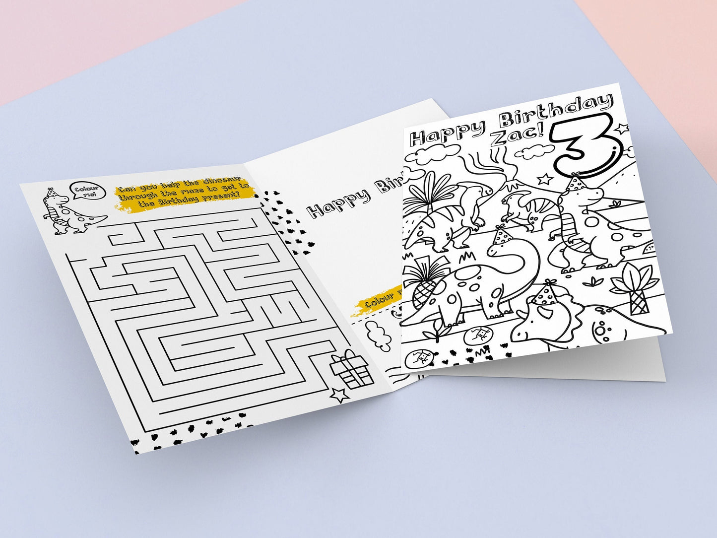 Personalised Dinosaur Birthday Card: Colouring Activity for Kids with maze & Bookmark