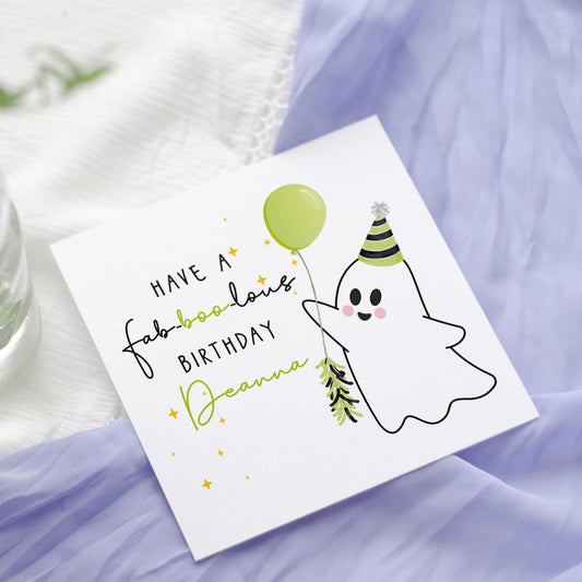 Personalised Spooky Ghost Halloween Birthday Card: Fab-boo-lous October Birthday