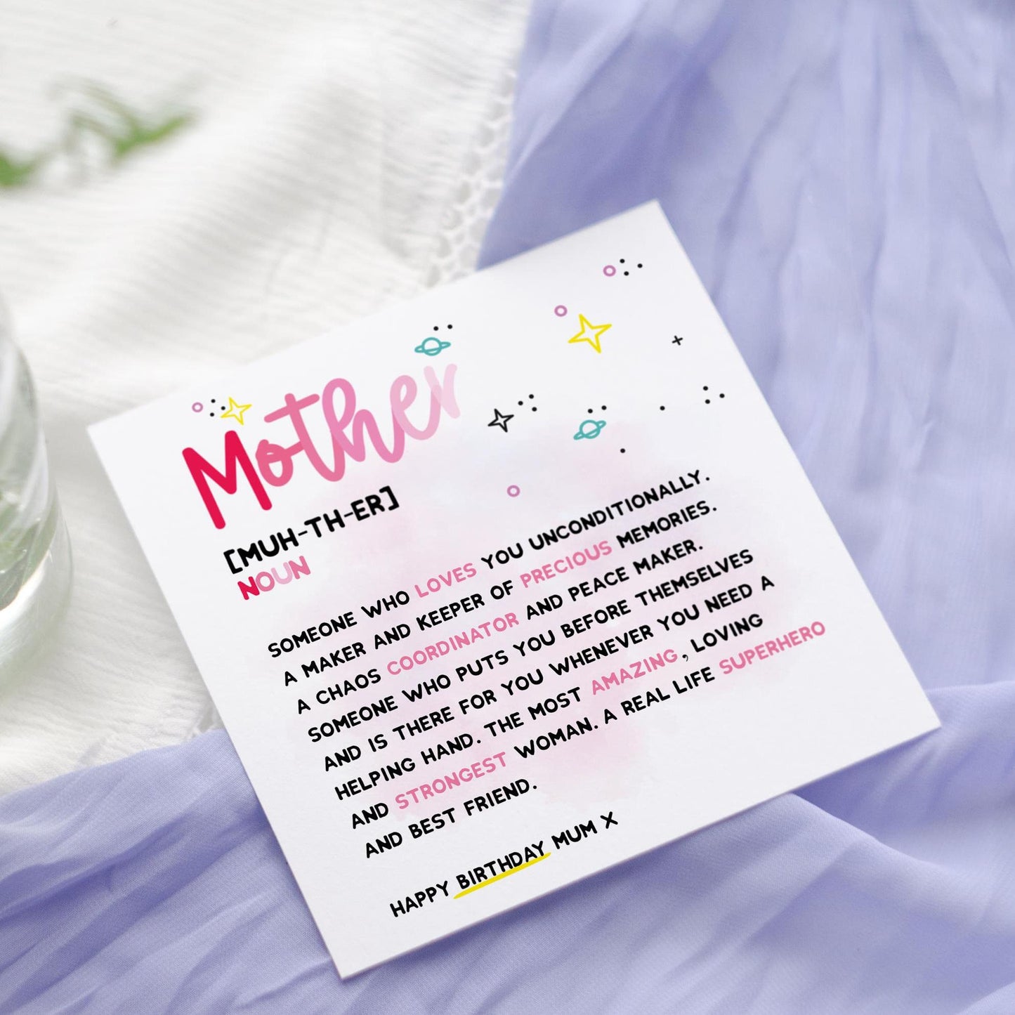 Mother Definition Birthday Card: Dictionary Style Mum Poem keepsake card