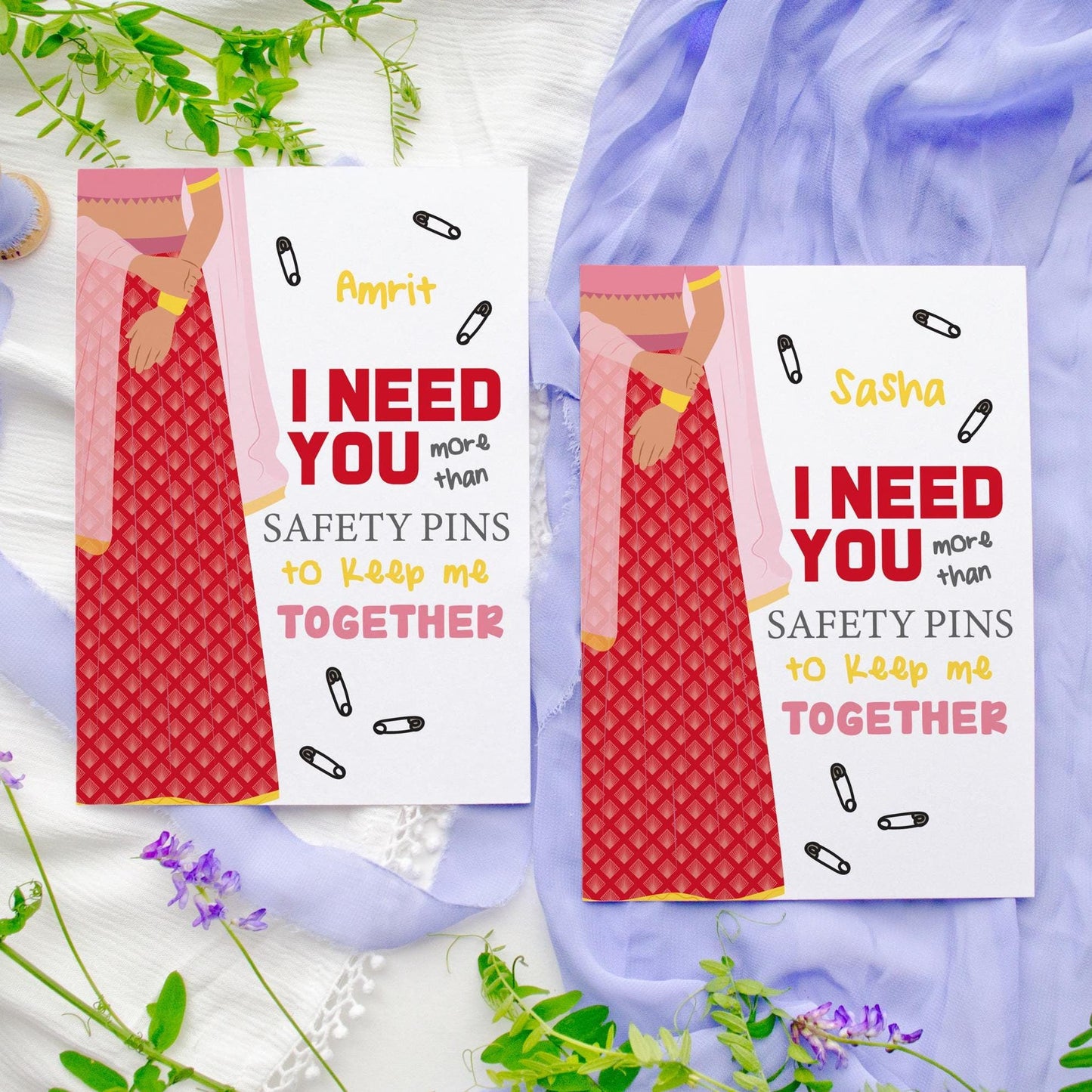 Personalised Indian Bridesmaid Card: 'Keep Me Together', safety pins, pakistani, hindi