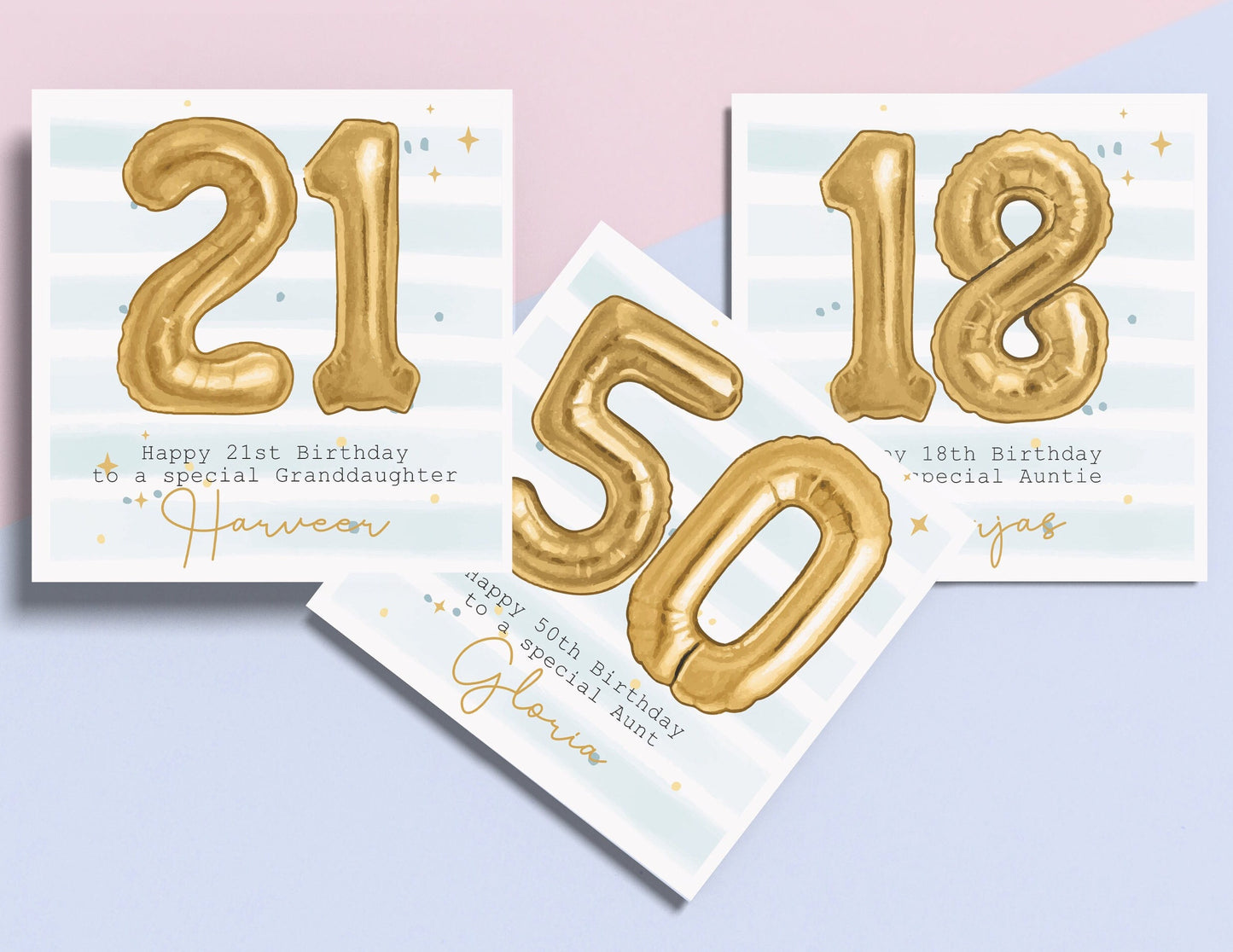Personalised Gold Foil number Balloon Birthday Card, 50th Birthday, Any age