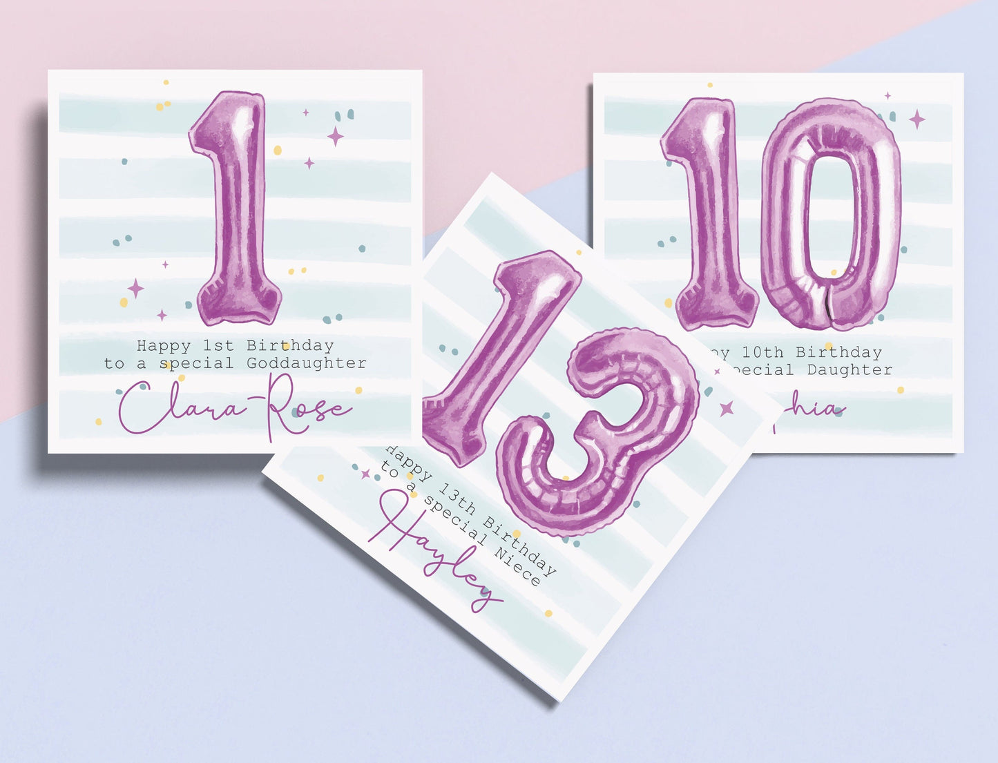 Personalised Purple Foil Balloon Birthday Card: Daughter, Niece, Auntie, Mum, any age