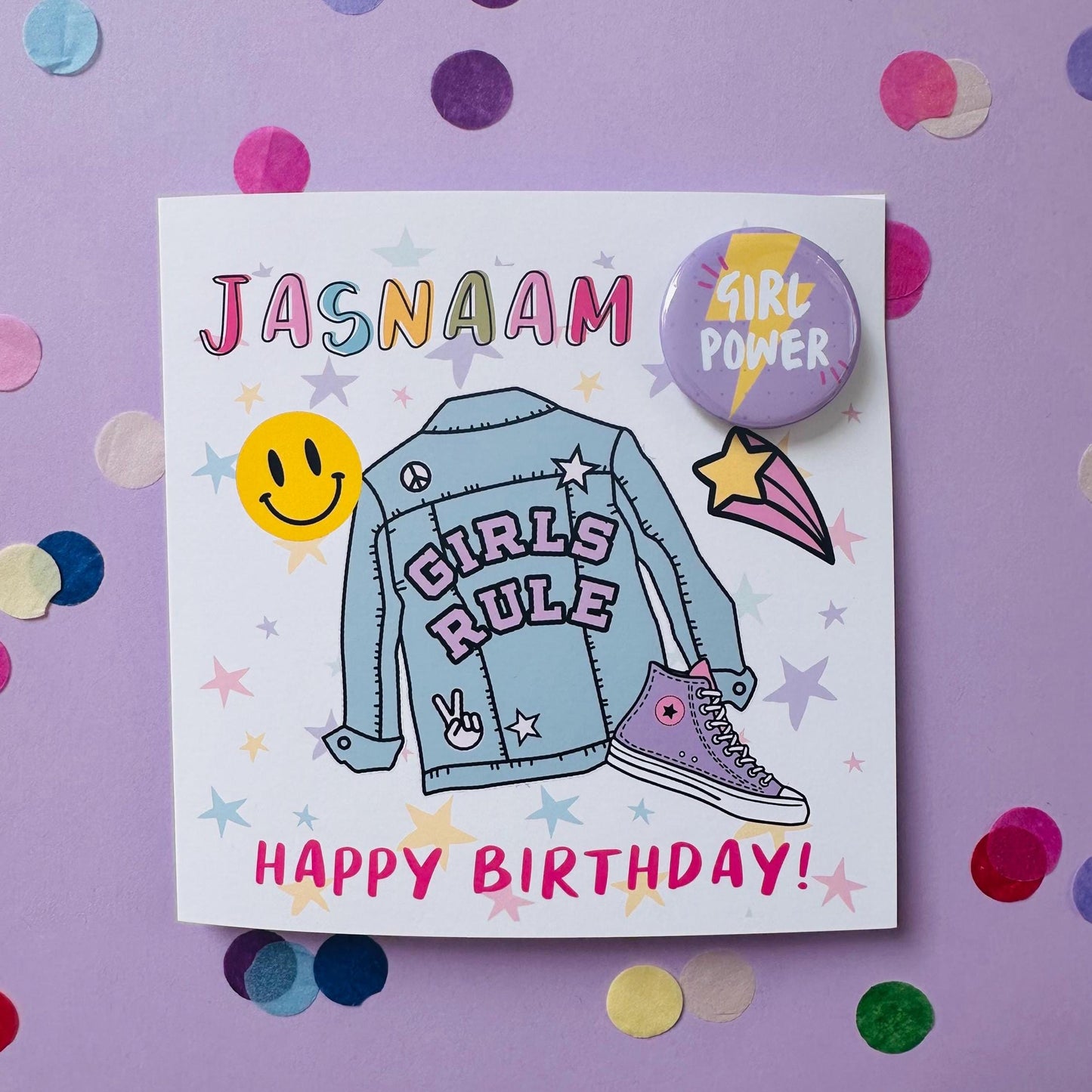 Personalised Denim Jacket Birthday Card: 'Girl Power' Badge, Daughter, Granddaughter, Niece