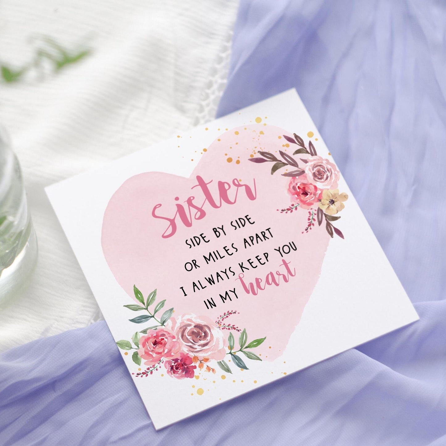 Floral Sister Birthday Card: Proud of your, watercolour heart design, Sister poem