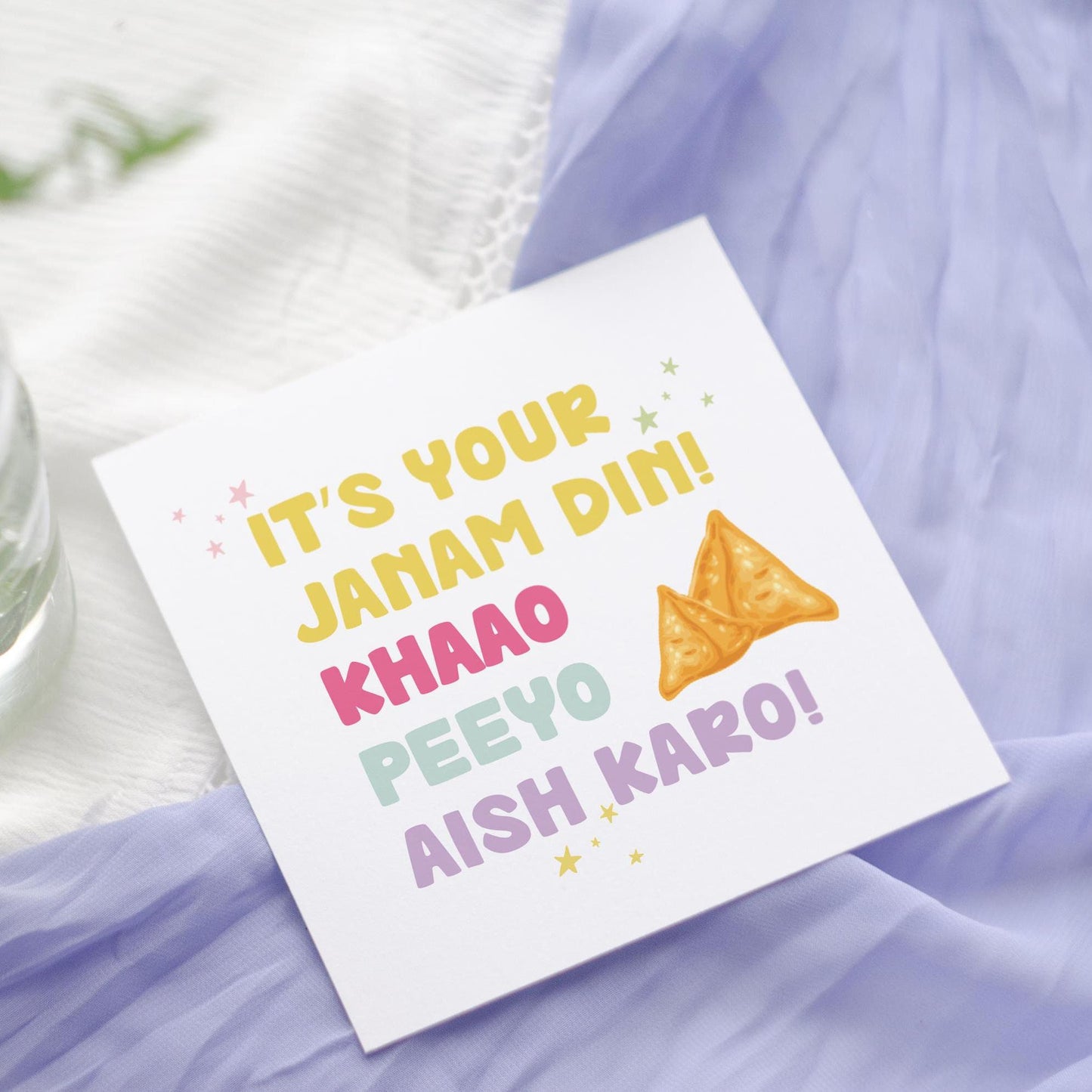 Happy Janam Din Card | Pink Punjabi Samosa, Eat, Drink, Be Merry Birthday Pun Design