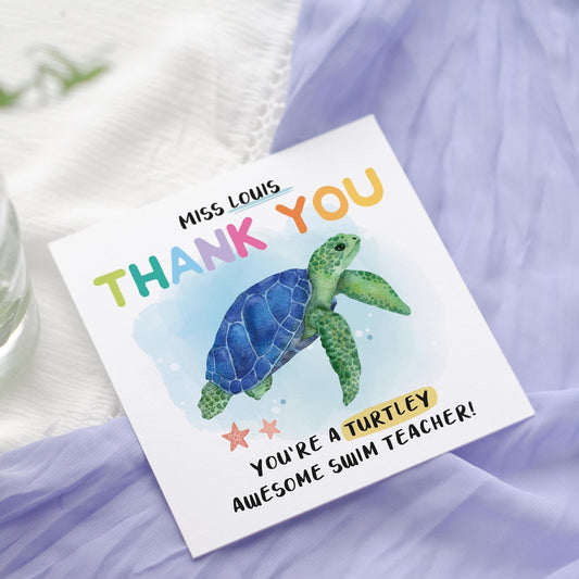 Thank you swimming teacher card, swim teacher, swim instructor, thank you teacher, cute turtle, turtle awesome, personalised thank you card