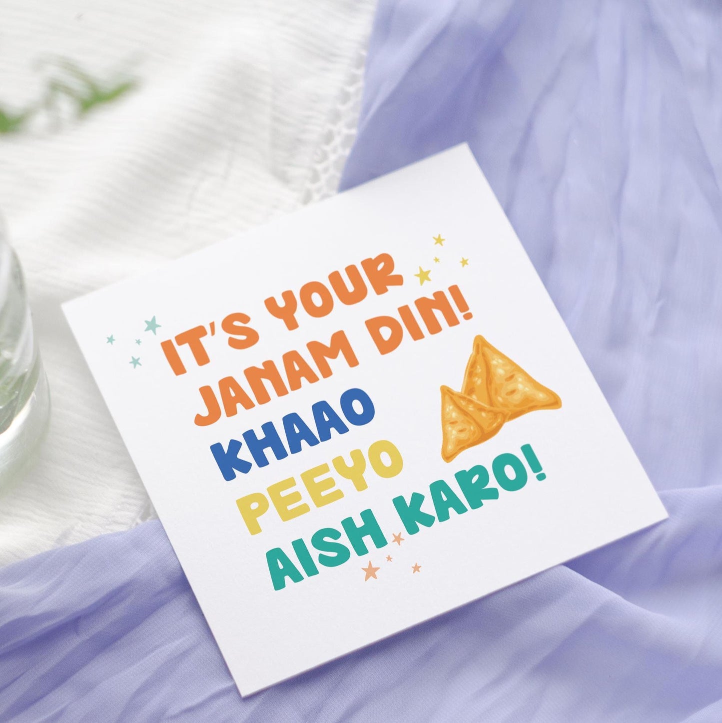 Happy Janam Din Card | Punjabi Samosa, Eat, Drink, Be Merry Birthday Pun Design