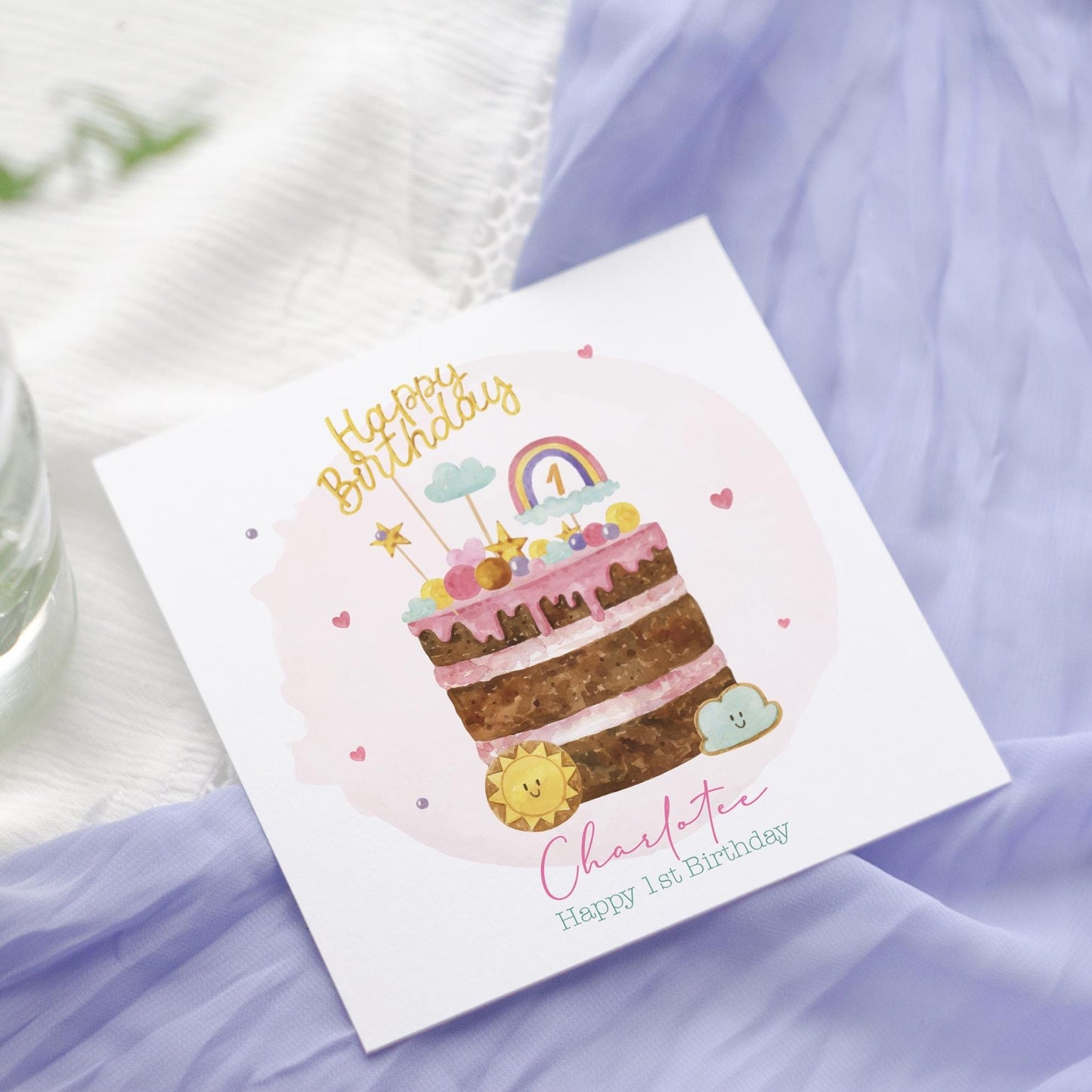 Personalised Girl's 1st Birthday Card: Pastel Cake, milestone
