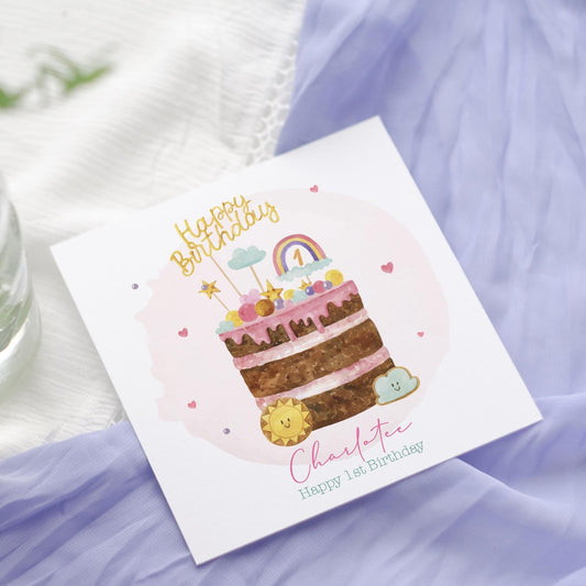 Personalised Girl's 1st Birthday Card: Pastel Cake, milestone